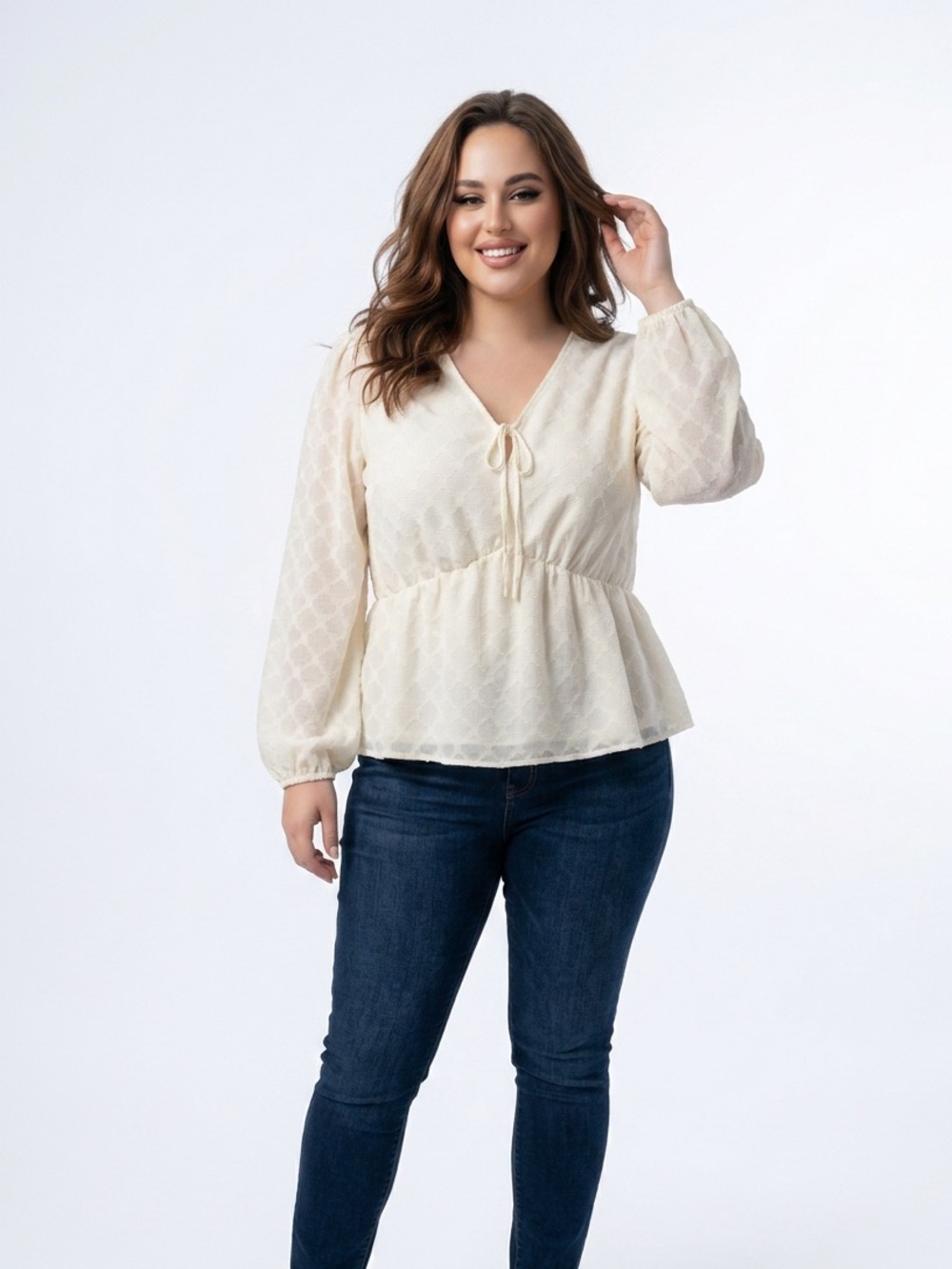 Elizabeth and James Cream V-Neck Peplum Tie Blouse
